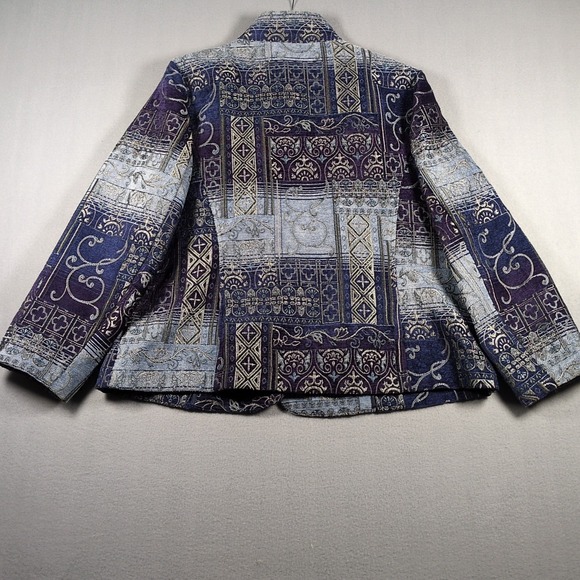 Dressbarn Jacquard Tapestry Jacket SZ 14/16 Blue Silver Fleur de Lis Print - Picture 3 of 7